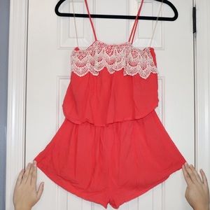 Coral lace romper
